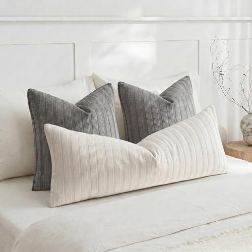 DEZENE 14x36 Beige Lumbar Pillow Covers Soft Striped Corduroy Neutral Rectangular Long Body Pillow Cases for Couch Sofa Bedroom Living Room Home Decor - Image 5
