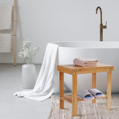 VaeFae Bamboo Shower Bench, Spa Bench Seat Stool, Foot Rest Shaving Stool with Non-Slip Feets and Storage Shelf, Works in Bathroom/Living Room/Bedroom/Garden Leisure - Image 2