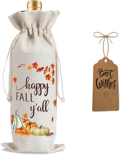 1Pcs Happy thanksgiving Wine Bag Happy Fall Y'all Wine Bag Thanksful Gifts Wine Bag, with 1Pcs Kraft Blessing Cards and natural jute rope by Yourloveisourmotivation%EF%BC%81