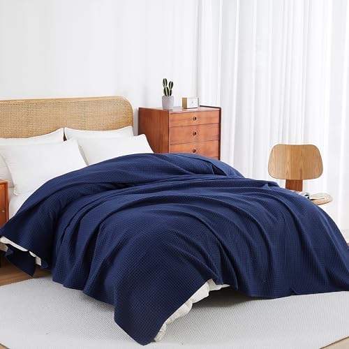 100% Egyptian Cotton Waffle Weave Throw Blanket for Bed Couch Sofa Home Decor, Soft Lightweight Bed & Couch Blanket for All Seasons (Navy Blue - King Size - 104 * 90") - Image 7
