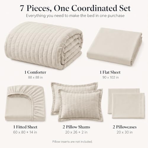 CozyLux Queen Comforter Set, 7 Pieces Beige Seersucker Bed in a Bag - Image 2