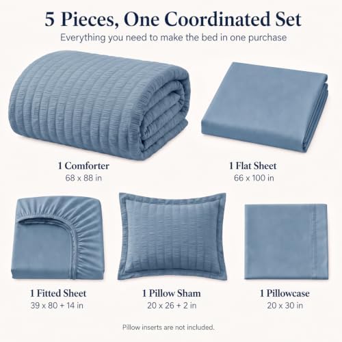 CozyLux Twin XL Comforter Set 5 Pieces Grayish Blue Seersucker Bed in a Bag - Image 2