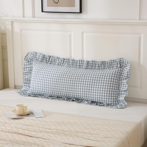 Light Blue/White Ruffled Long Lumbar Gingham Pillow Sham 14x36 inches - Image 3