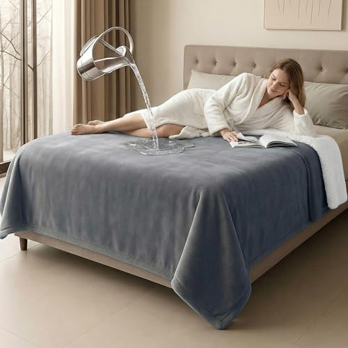 Tisancy King Size Waterproof Blanket for Bed Couch, 80'' x 80'' Double Side Leakproof Reversible Sherpa Flannel Fleece 3-Layer Lightweight Blanket, Absorbs 70oz(Gray/White), Machine Washable by Tisancy