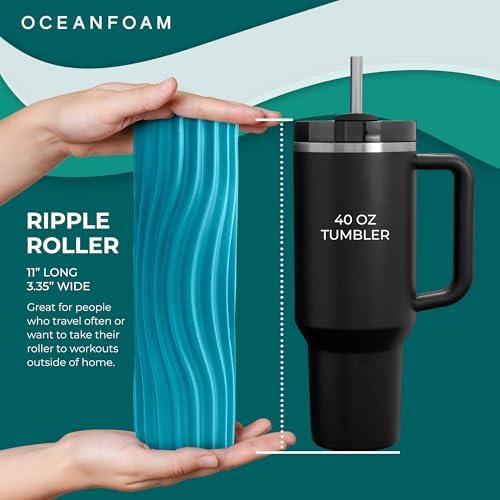 Oceanfoam Ripple Travel Foam Roller (11" x 3.35") Firm Mini Foam Roller for Physical Therapy, Deep Tissue Massage, Back Pain, High Density, Ergonomic Wave Textured, Yoga, Pilate, Exercise (Miami Blue) - Image 2