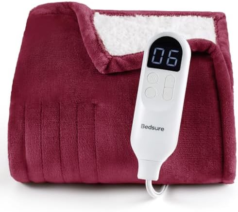 Bedsure Heated Blanket Throw, Soft Electric Blanket with Preheat, Burgundy by BEDSURE