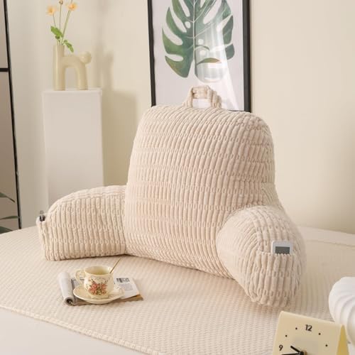 Reading Pillow for Sitting in Bed with Arm,White Corduroy, M by PAJEO