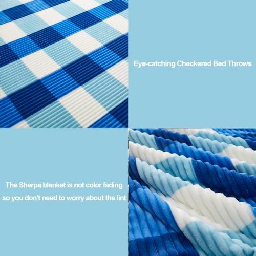 PU MEI Sherpa Blanket Twin Plaid Thick Bed Blanket, 90”*80” Super Soft Flannel Fuzzy Fleece Reversible Velvet Plush Warm Blanket for Couch(Blue Check, 80"*90") - Image 3