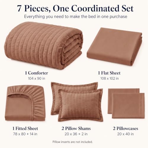 CozyLux King Comforter Set, 7 Pieces Mocha Mousse Seersucker Bed in a Bag - Image 2