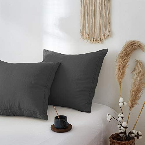 Simple&Opulence 100% French Linen Euro Shams with Embroidery (26'' x 26'') - Pack of 2 - Pre Washed Solid Color Natural Flax Soft Breathable - Dark Grey - Image 4