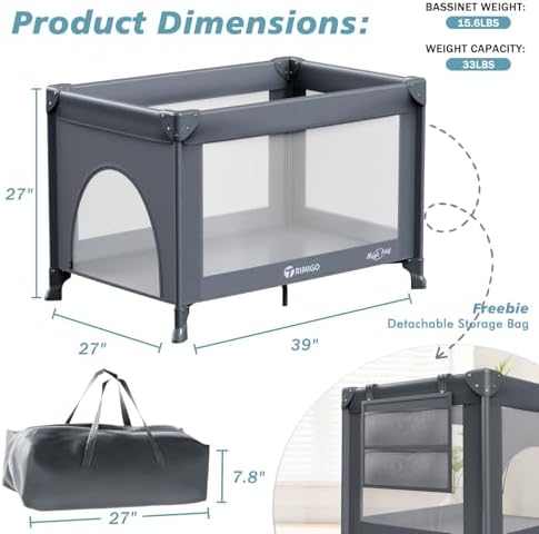 Portable Baby Playard& Playpen with Mattress, Travel Crib, Grey - Image 6