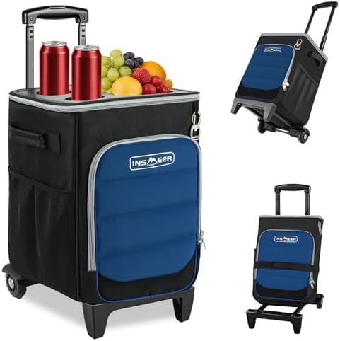 INSMEER 2-in-1 Rolling Cooler with Wheels, 60 Cans Collapsible Soft Sided Cooler on Wheels, Hard Top with 2 Cup Holders, Insulated 100% Leakproof Wheeled Cooler Bag for Beach Camping Outdoor by INSMEERDirect