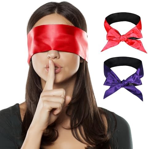 FRESHME 2pc Satin Sleep Mask - Lightweight Blindfold Eye Mask Cover for Women Men Couples Night Gift, Valentine's Day Gift Double Sides Dark Purple & Black+Red & Black 2pc Set by FRESHME