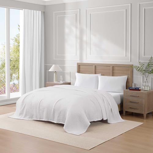 Tommy Hilfiger - Queen Cotton Blanket, Woven Running Stitched Bedding, Medium Weight Soft Blanket, Anti-Pilling & Fade Resistant, Ideal for Layering, Oeko-TEX Certified (White) - Image 2