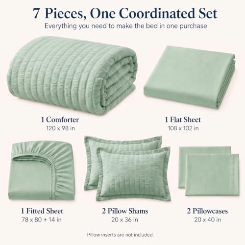 CozyLux Oversized King Comforter Set 120x98, 7-Piece Sage Green Seersucker - Image 2