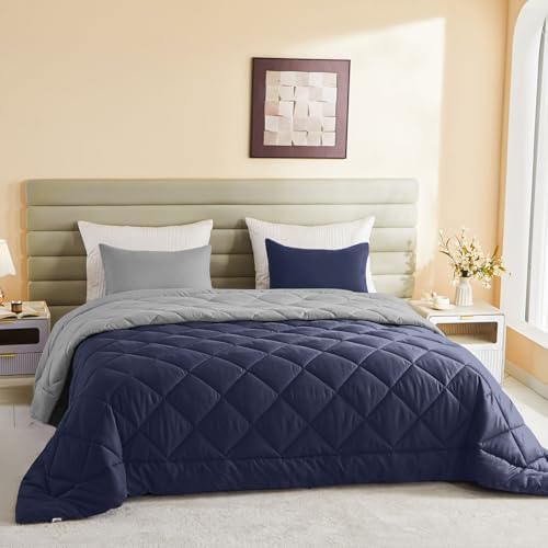 120x98 Oversized King Comforter,Super King Size Comforter Oversized, All Season Soft Lightweight Quilt Down Alternative Duvet Insert with 8 Corner Tabs, Navy/Grey - Image 7
