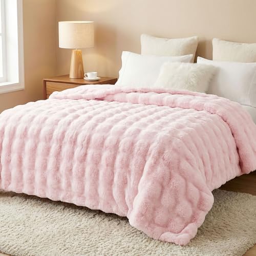 DREAMNINE Soft Faux Bubble Rabbit Fur Blanket Queen Size, Thick Cozy Decorative Warm Fuzzy Fur Blanket for Bed Couch Sofa Chair Bedroom Living Room Dorm Gift, 80 * 90 Inches, Pink by DREAMNINE