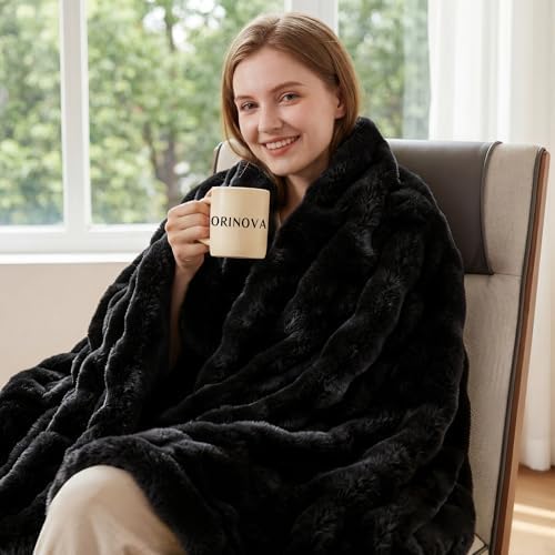 ORINOVA Faux Fur Black Thick Soft Throw Blanket 60X80 for Bed Couch Gift Office Chair Bunny Faux Rabbit Fur Blanket Decorative Warm Throw Blanket 860 GSM - Image 2