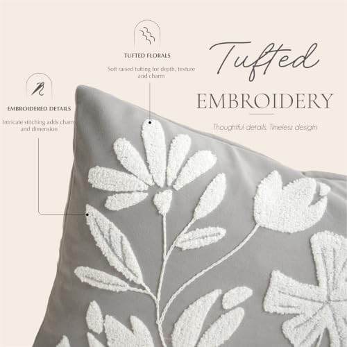 BlissBlush Long Lumbar Pillow Cover 14x36 for Bed, Light Gray Floral Tufted Velvet Accent Oversize Throw Pillowcase for Bedroom, Cover Only - Image 2