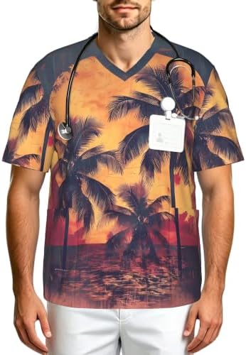 Men's Scrub Top,V-Neck Spill Wrinkle Resistant,3 Pockets-Palm Silhouettes (2) by Unknown