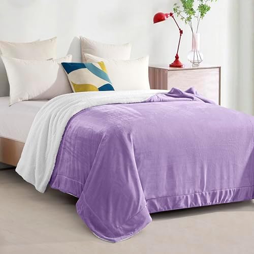 Elegant Comfort Ultra Soft Reversible Flannel Sherpa Blanket - Cozy Silky Fleece Throw for Couch, Bed - Plush Fuzzy Warm Winter Blanket for Gift, King, Lilac - Image 3