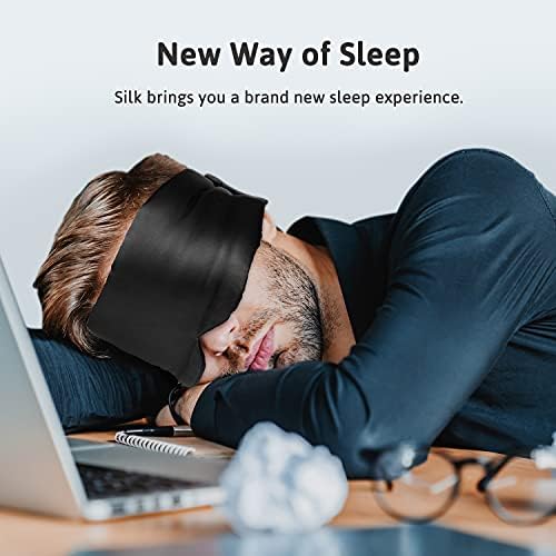 Silk Sleep Mask for Women Men, Mulberry Silk Eye Sleeping Mask & Blindfold with Adjustable Strap, Blackout Eye Cover for Sleep Travel Yoga Nap, Large Size, Black - Image 2