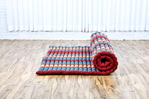 Leewadee - Foldable Floor Mattress - Japanese Roll Up Futon -Trifold Tatami Mat- Guest Floor Bed - Camping Mattress - Thai Massage Mat, Kapok Filled, 75 x 57 inches, Blue Red - Image 2