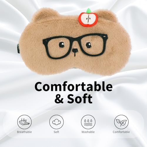 PERFECTSIGHT Sleep Eye Masks, Cute Plush Sleep Eye Cover Lightweight Adjustable Eyeshade Faux Fur Mask Cover for Women Kids Girl Sleep Travel Nap, Glasses Bear - Image 2
