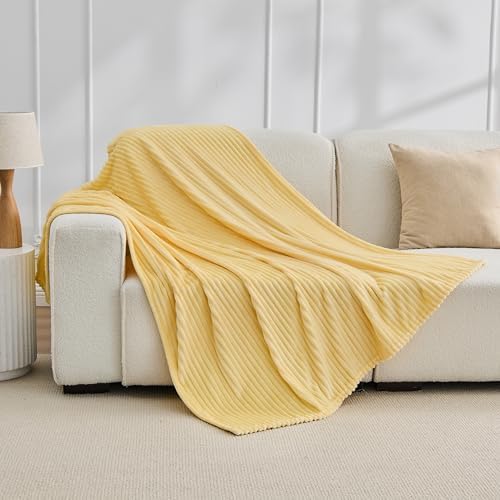Bnuitland Light Yellow Fleece Throw Blanket for Couch, 300GSM Soft Warm Cozy Fluffy Throw for Adults & Kids, Stripe Pattern 50"x60", All Season Sofa Bed Blanket for Home Decor - Image 2