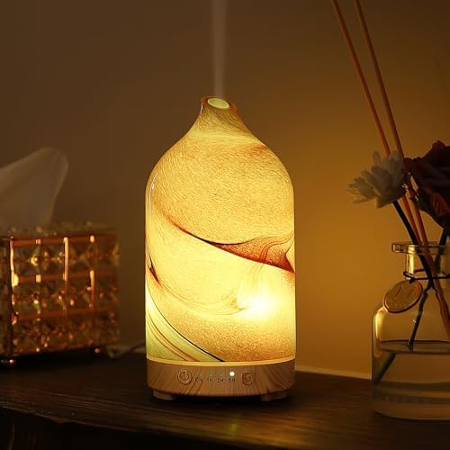 Essential Oil Diffuser Hand Blown Glass Aromatherapy Diffuser - Ultrasonic Cool Mist Scent Aroma Diffuser, Whisper Quiet with Auto Shut-Off, Timer Setting &7 Colors Night Light for Home by inrorans