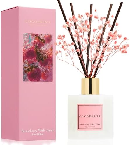 COCORRÍNA Reed Diffuser - Strawberry with Cream 6.7 fl oz Reed Diffuser with Sticks, Home Bedrrom Bathroom Shelf Decor by COCORR%C3%8DNA