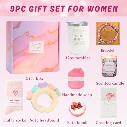 Happy Birthday Gifts for Women, 9pc Get Well Baskets, Pink Self Care Package Relaxing Spa Bath Thinking of You Gift Set for Gf Sister Friend Nurse Daughter Teacher Mother Christmas - Image 2