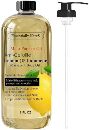 Essentially KateS Lemon (D-Limonene) Massage Lotion Body Oil Multi-Purpose Oil 8 Fl Oz - Cellulite Massage, After-Shower Moisturizer, Hair Scalp Conditioning, and Nail & Cuticles Nourishing by EssentiallyKateS