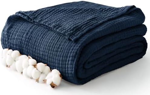 100% Cotton Muslin Blanket Queen 90" x 90", 6 Layers Breathable and Lightweight Cotton Throw Blanket for Bed, Soft Quilt Bedspread Coverlet, Gauze Blanket for Adults All Season, Navy by Kozyhvn