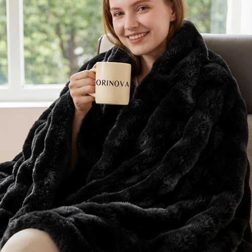 ORINOVA Black Fluffy Thick Fur Throw Blanket 50x60 for Bed Couch Office Chair Bunny Soft Blanket for Adults Gift Home Living Room Decorative Decor 860 GSM by ORINOVA