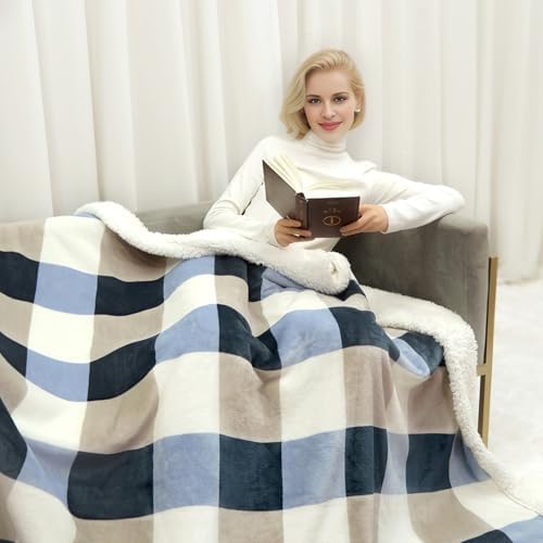 Gracelife Sherpa Fleece Throw Blanket for Couch, Fluffy Plush Warm Fuzzy Blanket for Women and Men, Cozy Thick Soft Twin Blanket for Bed, Gray-Soft Blue, 60x80 Inches - Image 3