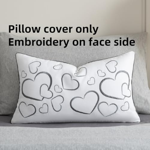 Sanmetex Embroidery Loving Heart Lumbar Pillow Covers, Soft Decorative Throw Pillow Case 12x20 Inches for Bed Bedroom Living Room and Home Décor Grey - Image 2