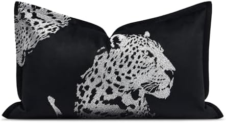 Velvet Lumbar Pillow Covers 12x20'' inches, Handmade Embroidered Cheetah Face Throw Pillow Case, Luxury Soft Decorative Cushion Cover for Sofa Bed Couch Living Room(Silver) by AIBUHOME