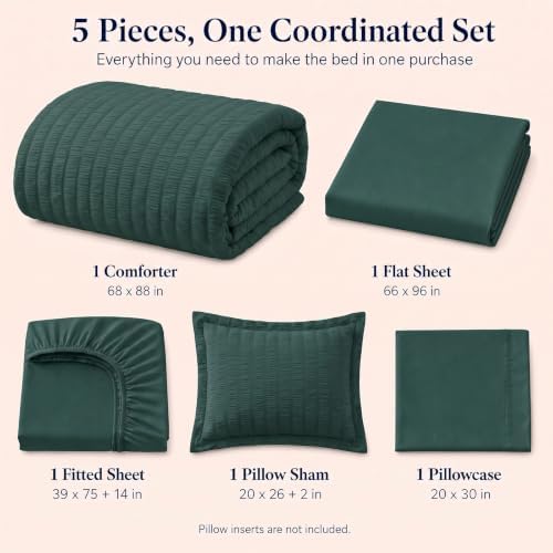 CozyLux Twin Comforter Set, 5 Pieces Forest Green Seersucker Bed in a Bag - Image 2