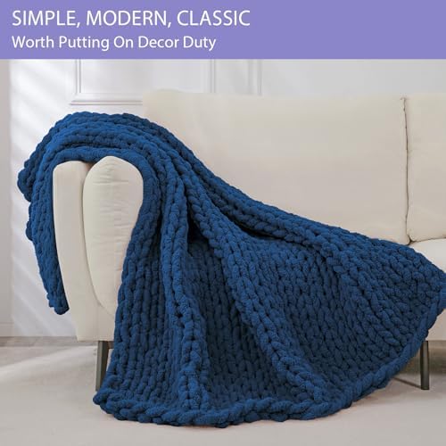 Bigacogo Chunky Knit Throw Blanket for Couch, 51x63 inches, Navy Blue - Image 3