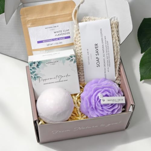 Natural Amor Spa Gift Set for Women, Peppermint Bath Gift for her, 5pc Bath & Body Gift Including Soap Bar, Candle, Bath Bomb - Image 3