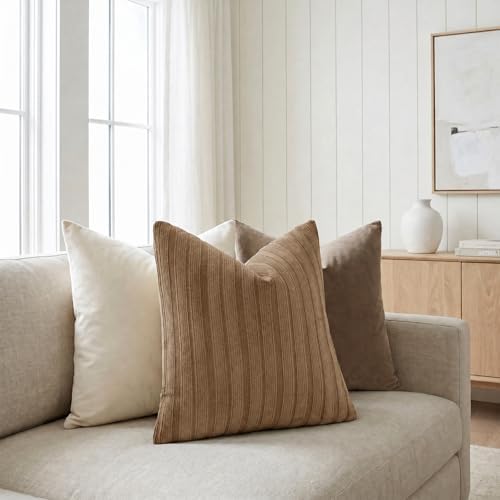 DEZENE 24x24 Brown Throw Pillow Covers Pack of 2 Soft Striped Corduroy Square Rustic Farmhouse Pillow Cases for Couch Sofa Bedroom Living Room Home Decor - Image 4