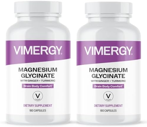 VIMERGY Magnesium Glycinate – Stress Support – Chelated to Avoid Tummy Upset*– Promotes Heart Health & Energy*– Kosher, Vegan Gluten-Free – 180 Caps (Pack of 2) by Vimergy
