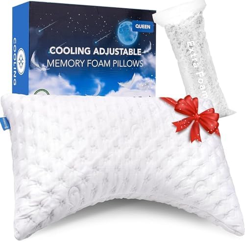 KUCEY Cooling Side Sleeper Pillow for Neck and Shoulder Pain, Luxury Shredded Memory Foam Curved Bed Pillows for Sleeping Set of 1- Adjustable Queen Size- Washable Cover Crescent White by Kucey