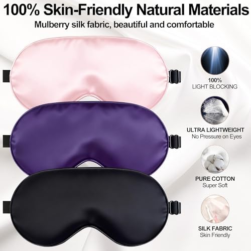Sleep Mask for Women & Men, Soft Silk Eye Mask with Adjustable Strap 3 Pack - Image 2