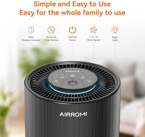 AIRROMI Air Purifier for Bedroom with HEPA 3-in-1 Filter, Pet Air Purifier for Home Cat Pee Smell, Covers Upto 990 Ft², Quiet 360°intake Air Cleaner for pet hair,allergies,Dust,Smoke A2001 Black - Image 3