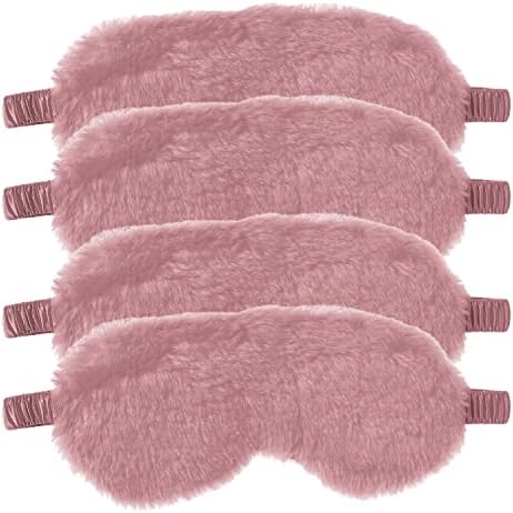 RAYNAG Fluffy Sleep Mask 4 Pack - Plush Blackout Eye Masks for Sleeping, Soft Blindfold with Silky Back, Cozy Gifts for Women Men Travel, Dark Pink by RAYNAG