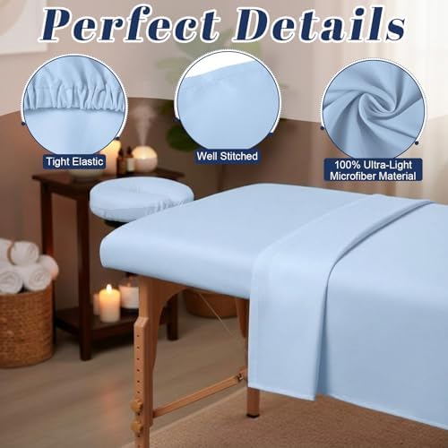 Oudain 4 Sets 3 Piece Soft Microfiber Massage Table Sheets Set Bulk Includes Massage Flat Sheet and Fitted Sheet and Face Rest Cover(Blue) - Image 3