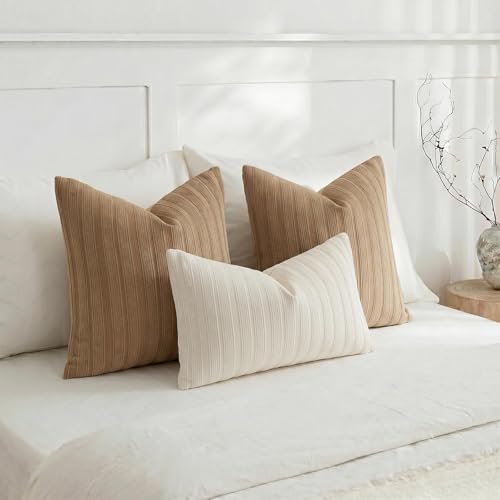 DEZENE 20x20 Brown Throw Pillow Covers Pack of 2 Soft Striped Corduroy Square Rustic Farmhouse Pillow Cases for Couch Sofa Bedroom Living Room Home Decor - Image 6