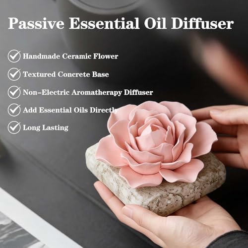 Ceramic Passive Essential Oil Diffuser, Aesthetic Desktop Handmade Flower & Concrete Base, Porcelain Aromatherapy Oils Diffuser for Home, Office, Yoga, Spa Room (Pink Peony) - Image 3